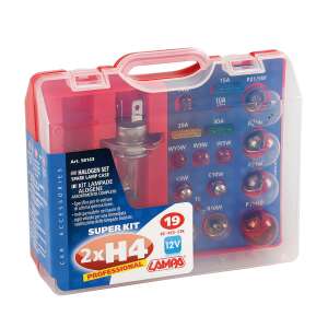 LAMPA Super Kit 2xH4 Professional car bulb kit with 19 bulbs and fuses in a red plastic case - Car bulb