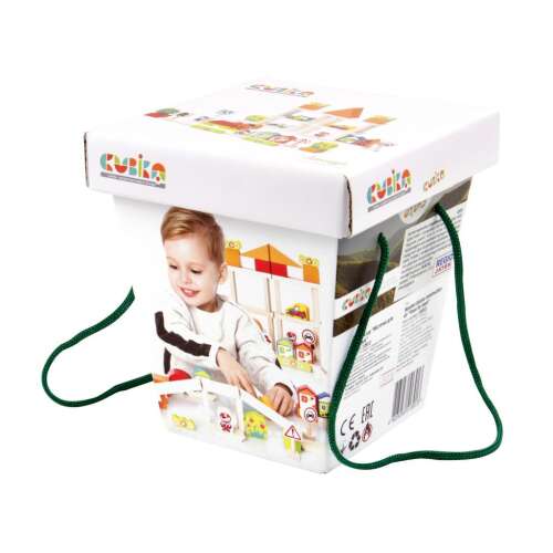 Cubika fa építőkockák gyerekeknek, 54 darabos készlet, színes, különböző formájú és méretű, városi épületeket vagy egy nagy, többemeletes garázst építhet belőle, fejleszti a műszaki érzéket, a képzelőerőt és a kézügyességet