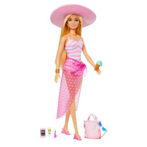 Gesamtansicht der Barbie Strandpuppe mit Zubehör und Sommeroutfit - Mattel Baba