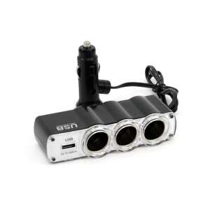 Triple car cigarette lighter socket adapter with USB port, 12V/24V - Car electronic