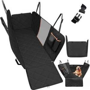 Autósülés huzat kutyák és macskák számára, fekete, 135x140 cm, oldalsó zsebekkel, hálós ablakkal és kutyapóráz rögzítéssel - Háttámla- és ülőfelületvédő