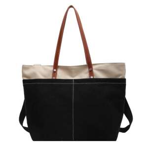 Geantă tote din nylon negru și bej cu mânere din piele maro, marca Dollcini - Valize și genți