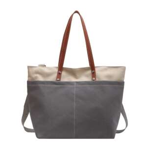 Graue und beige Canvas-Tragetasche mit braunen Ledergriffen - Handtaschen