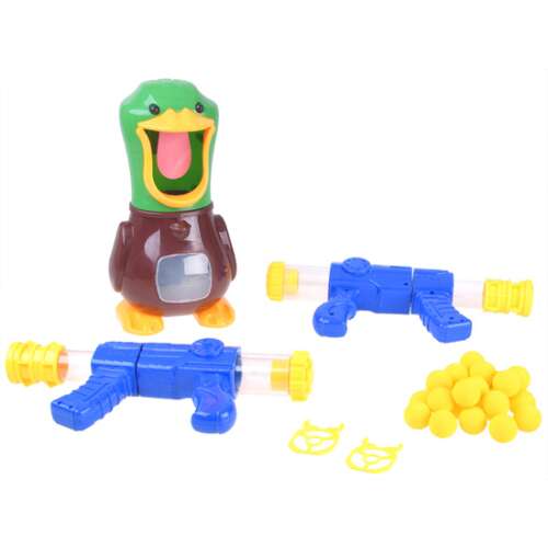 Hit the Duck arcade game set with duck target, two blue guns and yellow balls