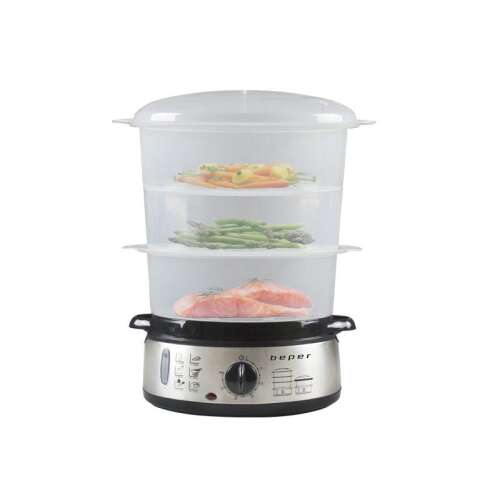 Beper BC.250 electric steamer with 3 tiers, stainless steel base, BPA free plastic containers, timer, 800W