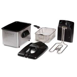 Domo DO464FR 3 literes olajsütő alkatrészei: kivehető olajtartály, rozsdamentes acél ház, kivehető fűtőszál, szabályozható termosztát, tető betekintő ablakkal, kivehető szagszűrő, kosár, tető és sütő serpenyő - Domo