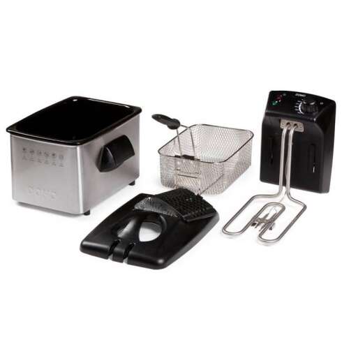 Domo DO464FR 3 literes olajsütő alkatrészei: kivehető olajtartály, rozsdamentes acél ház, kivehető fűtőszál, szabályozható termosztát, tető betekintő ablakkal, kivehető szagszűrő, kosár, tető és sütő serpenyő