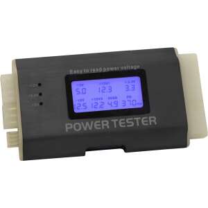DeLock Power Supply Tester III 18159, black power supply tester with digital display, showing voltage readings - Computers and Accessory