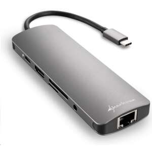 Докинг станция Sharkoon USB-C, сива, 7 в 1, с HDMI, Ethernet, четец на SD карти, USB 3.0 портове - Докинг станция