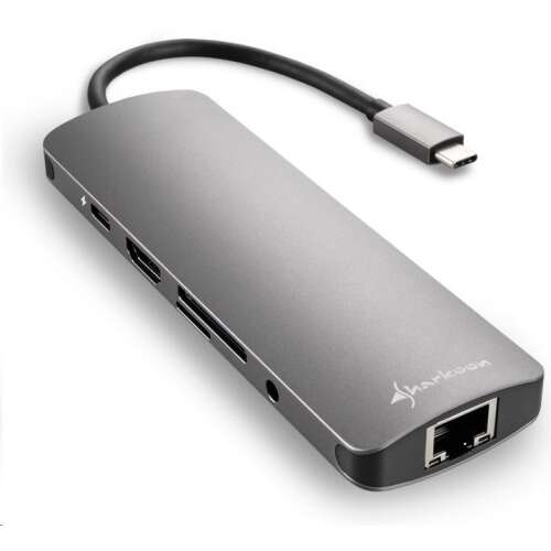 Stacja dokująca Sharkoon USB-C, szara, 7 w 1, z HDMI, Ethernet, czytnikiem kart SD, portami USB 3.0
