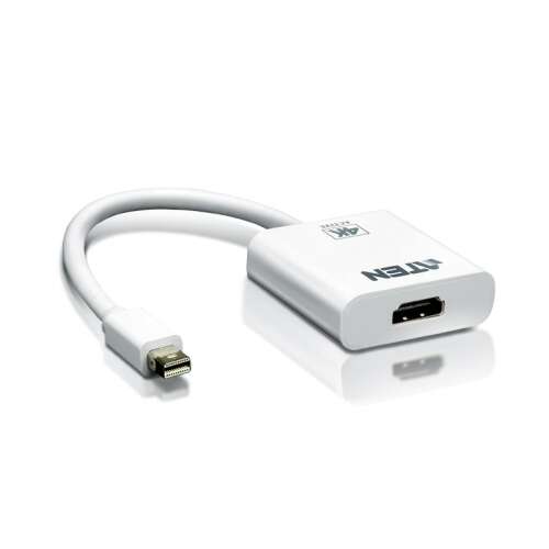 ATEN VC981 4K Mini DisplayPort na HDMI Aktívny adaptér, biely adaptér s káblom, pohľad pod uhlom