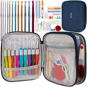 Häkelnadel-Set mit 86 Teilen, darunter Häkelnadeln, Nadeln, Schere, Lineal, Maschenmarkierer und mehr, in einer Tragetasche - Stricknadeln