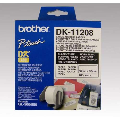 Brother DK-11208 elővágott öntapadós címke 400db/tekercs 38mm x 90mm White DK11208