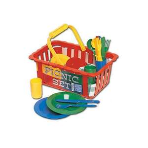 Set de picnic din plastic pentru copii cu coș, farfurii, pahare, tacâmuri și față de masă - Joacă alimente