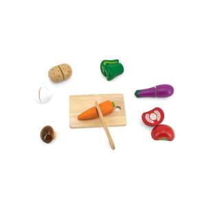 Viga fa játék zöldségvágó készlet késsel, vágódeszkával, burgonyával, padlizsánnal, sárgarépával, paradicsommal és paprikával - Játék élelmiszer