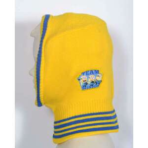 Жълта плетена зимна шапка с сини ивици и лого Team Minion, за деца от 3 до 6 години - Детска шапка, комплект