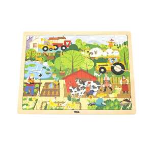 Viga Farm 48 darabos fa puzzle gyerekeknek, színes farmi képpel állatokkal, emberekkel és járművekkel - Baba puzzle