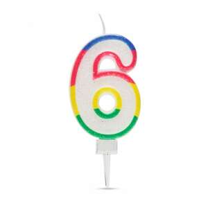 Number 6 birthday candle, rainbow colored, glitter, white background - Birthday Candle & Cake Topper