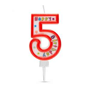 Red number 5 birthday candle with Happy Birthday text, for cake decoration - Birthday Candle & Cake Topper