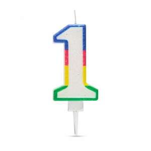 Number 1 birthday candle, colorful, glitter, white background - Birthday Candle & Cake Topper