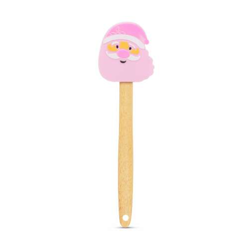 Spatulă din silicon roz cu design de Moș Crăciun și mâner din lemn