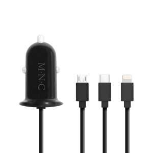 Automobilový adaptér na nabíjanie M:N:C 4 v 1 s portami Micro USB, Lightning, Type-C a USB, čierny - MNC