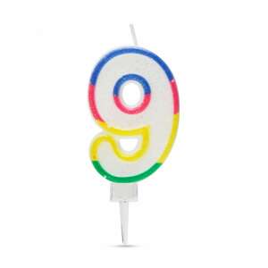Number 9 birthday candle, multi-colored, white background - Birthday Candle & Cake Topper