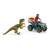 Schleich Velociraptor dinosaur figure attacking a Schleich Ankylosaurus dinosaur figure, a Schleich man figure riding a Schleich quad bike