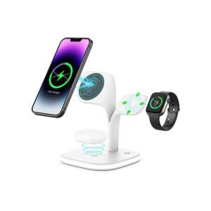 Boost 5-in-1 Wireless MagSafe Charging Station, White, charging an iPhone, Apple Watch, and Airpods - Wireless Charger