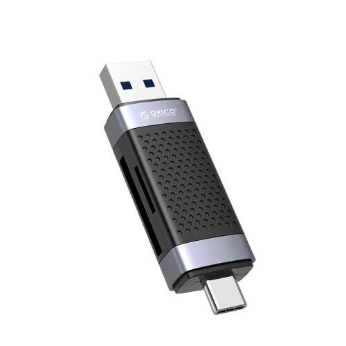 Orico TF+SD Dual Port USB2.0 Dual Head Card Reader Black/Silver ORICO-CD2D-AC2-BK-EP, dual port card reader for SD and TF memory cards, USB and USB-C connection, black and silver