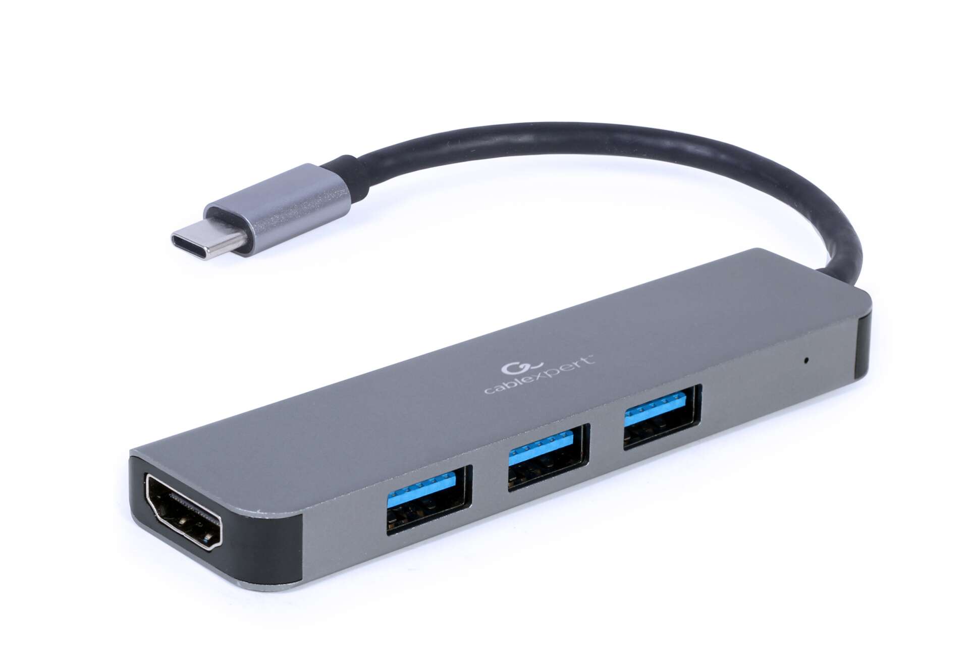 USB type C адаптер, USB 3.2 gen.1 интерфейс, мултифункционален, Cablexpert 12144, HDMI 4K порт, HUB 3 x USB, сив (A-CM-COMBO2-01)