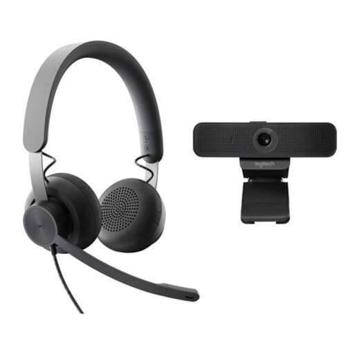 Logitech C925e webcam and Zone Wired headset, black