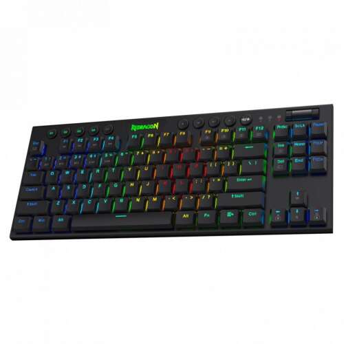 Redragon Horus TKL mechanikus billentyűzet RGB világítással, kék kapcsolókkal és 3 csatlakozási móddal: vezetékes, 2.4GHz vezeték nélküli és Bluetooth