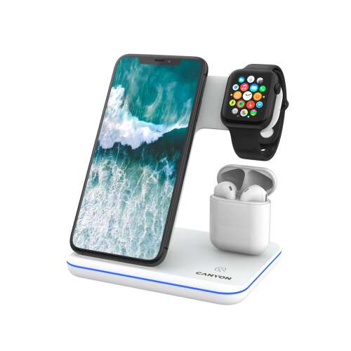 Canyon WS-302 3 az 1-ben vezeték nélküli töltőállomás, fehér, töltőállomás iPhone, Apple Watch és AirPods készülékekhez
