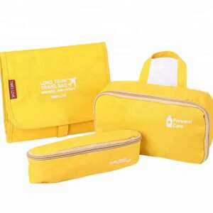 Sárga 3 az 1-ben utazási kozmetikai táska szett, kibontott nézettel - Bőrönd rendszerező