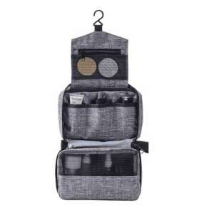 Szürke akasztós utazási kozmetikai táska cipzárral, vízálló, unisex, kozmetikumok, piperecikkek és személyes higiéniai cikkek tárolására - Bőrönd rendszerező