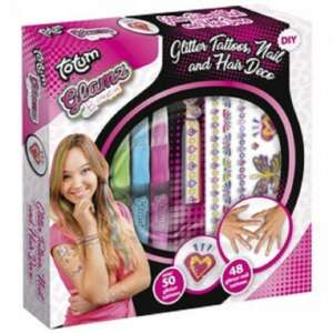 Totum Glamz Glitter Tattoos, Nail and Hair Deco Box Vorderseite mit Mädchenmodell - Totum