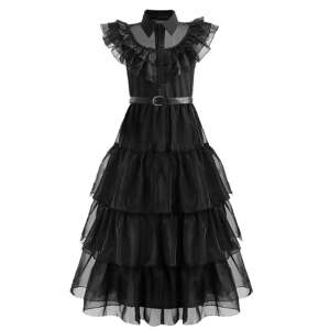Wednesday Addams cosplay dress for girls, black dress with ruffles and a belt - KidMania Costume for Kid
