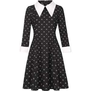 Wednesday Addams cosplay dress for girls, black dress with white skull print and white collar - KidMania Costume for Kid