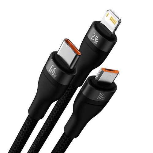 Baseus Flash II 3 az 1-ben USB töltőkábel, USB-C + micro USB + Lightning, 66W, 1.2m (fekete) - Lightning kábel