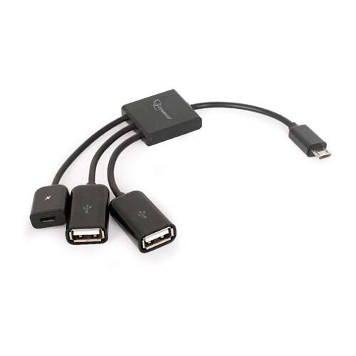 Hub USB 2.0 OTG Gembird UHB-OTG-02 cu 3 porturi, negru, pentru conectarea dispozitivelor USB la smartphone-uri și tablete