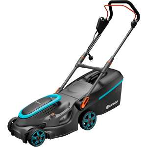 Gardena PowerMax 37/1800 G2 electric lawnmower, 3/4 view, black and blue, on white background - Gardena