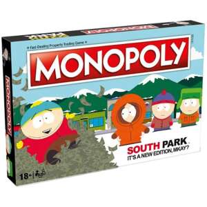 South Park Monopoly társasjáték doboz, a sorozat ikonikus karaktereivel, köztük Cartman, Kenny, Stan és Kyle. - Winning Moves