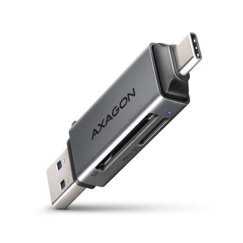 Cititor de carduri Axagon CRE-DAC Mobil USB 3.2 Gen 1 USB-C + USB-A SD/microSD mini, gri, vedere înclinată