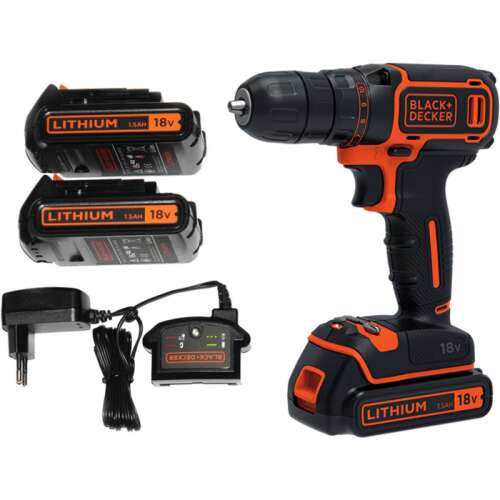 Black+Decker BDCDC18B-QW cordless drill driver with two batteries, charger, and a spare battery