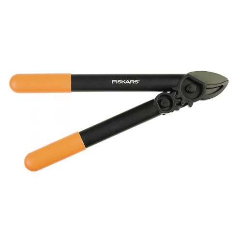 Fiskars PowerGear Astschere mit Ambossklinge, schwarz und orangefarbene Griffe