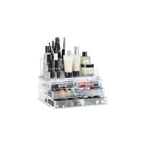 LÉNA Smink Tároló 4 Fiókkal, átlátszó akril, sminkkel és ecsetekkel töltve - Kozmetikai rendszerező