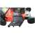 Fullas DM46S-D150-C self-propelled petrol lawnmower, red and black, close-up of wheels and grass catcher