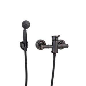 TRENDY S wall mounted shower mixer set in antique black with bamboo style, includes shower head, hand shower, hose and accessories - Trendy S Faucet