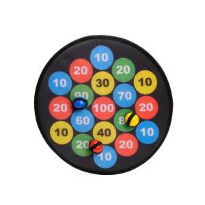 Tépőzáras darts játék szett, 36 cm átmérőjű, fekete tábla színes számokkal és tépőzáras golyókkal - Darts